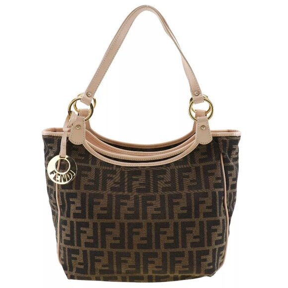 FENDI Zucca Tote Bag 8BH156 Logo charm Brown/pink canvas Women - Picture 1 of 12